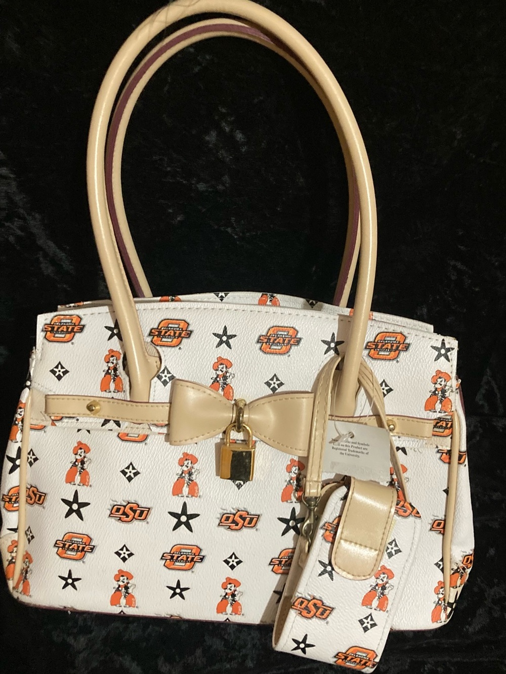 OU Sooners  Patterned Tote with Beige Trim and Bow Accent